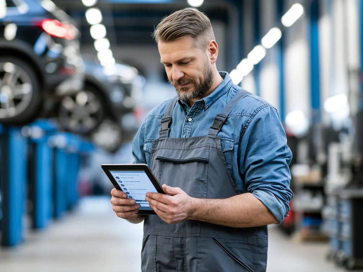 Mechaniker prüft Terminübersicht auf dem Tablet in moderner Werkstatt