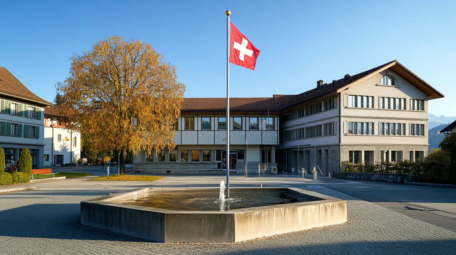 Gemeindehaus Musterwil mit Schweizer Fahne und Dorfbrunnen