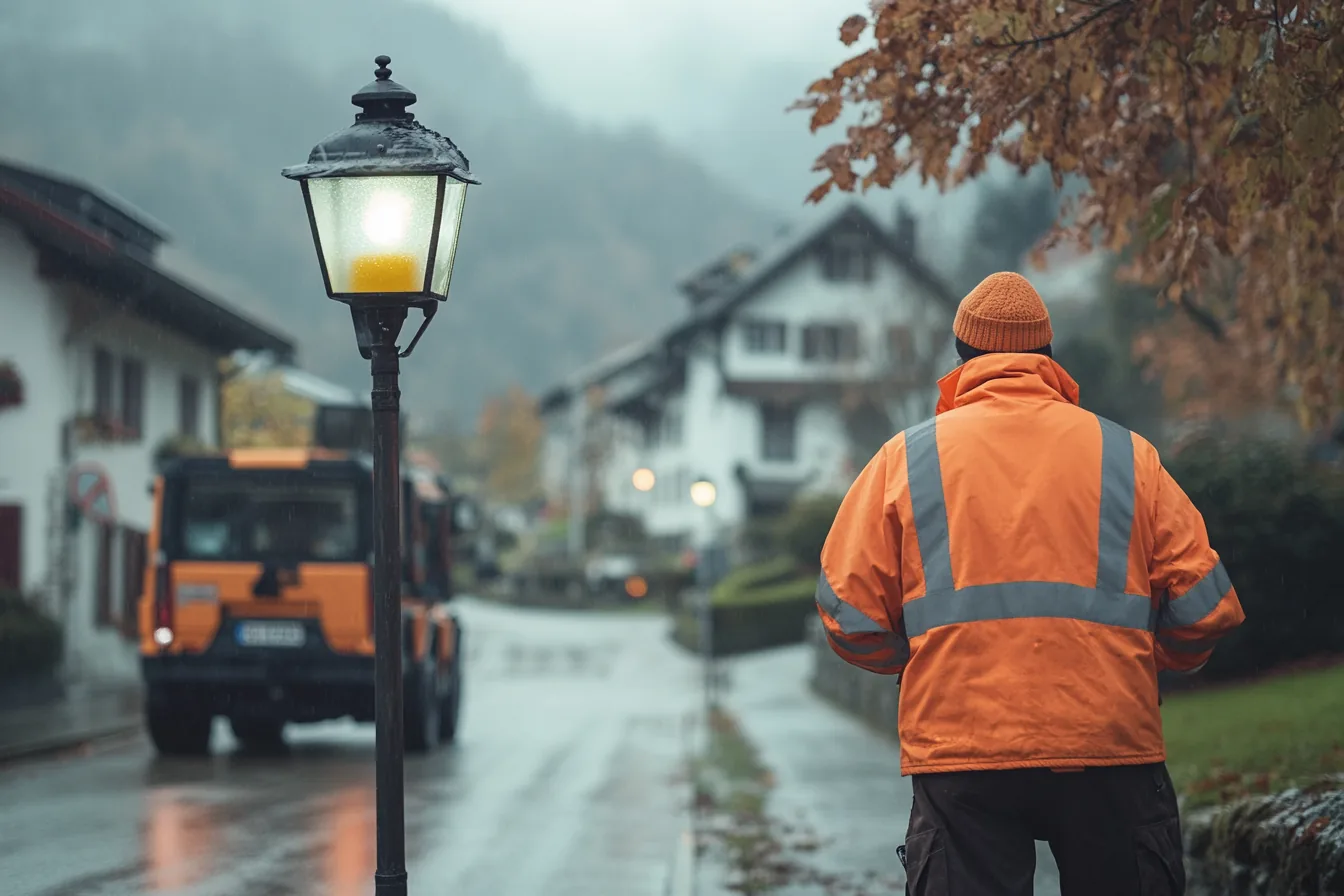 Werkhof-Mitarbeiter kontrolliert eine Strassenlampe im Dorf