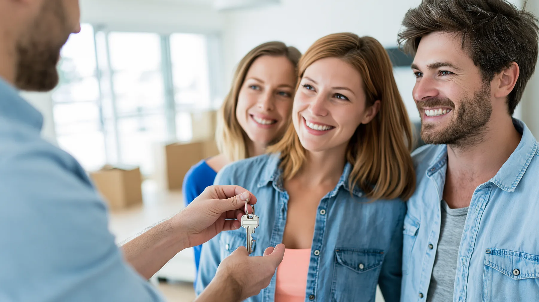 Schlüsselübergabe an ein glückliches Mieterpaar in heller Wohnung